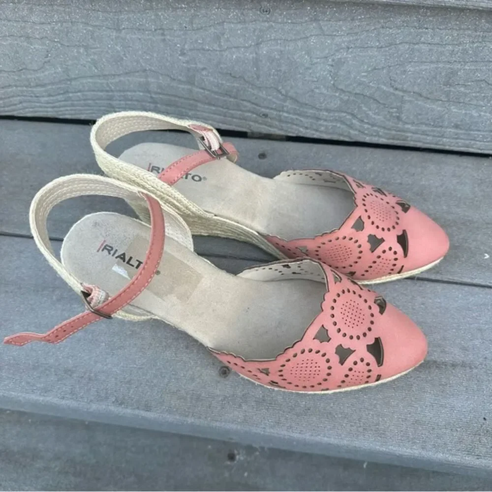 Rialto Coya Sandal Rose Pink Leather Espadrille Wedge Heels Size 11 (med)